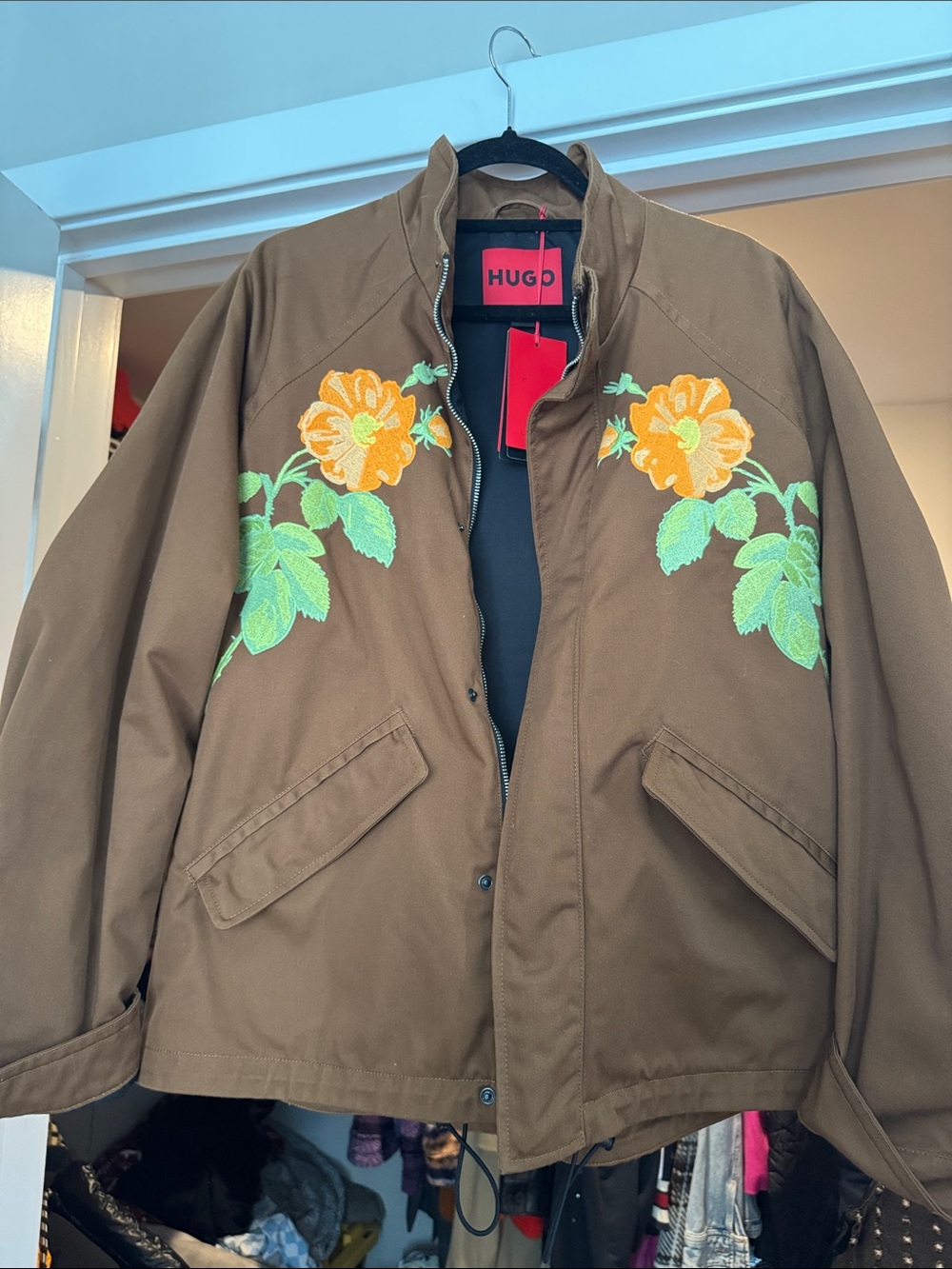 HUGO OVERSIZED Brown Bomber Jacket with Orange Floral Embroidery